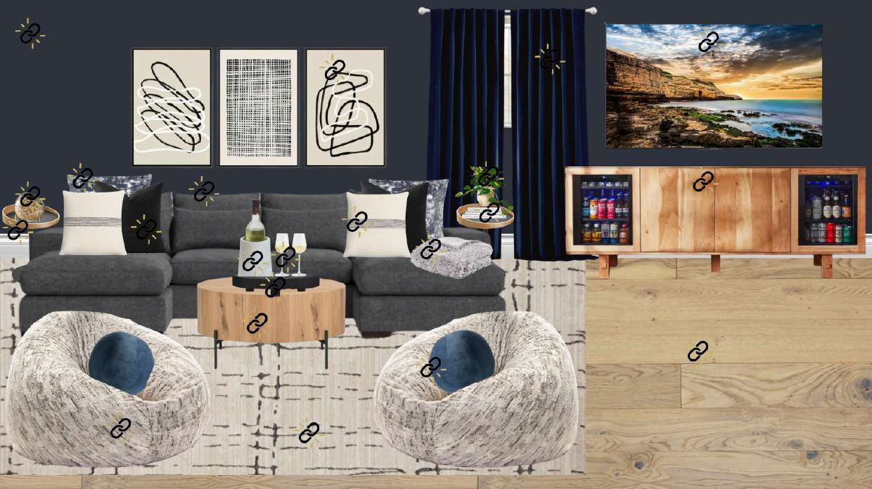 bjm interiors Reality Staging design board — curated furniture, art, and finishes shown in context, every piece purchasable