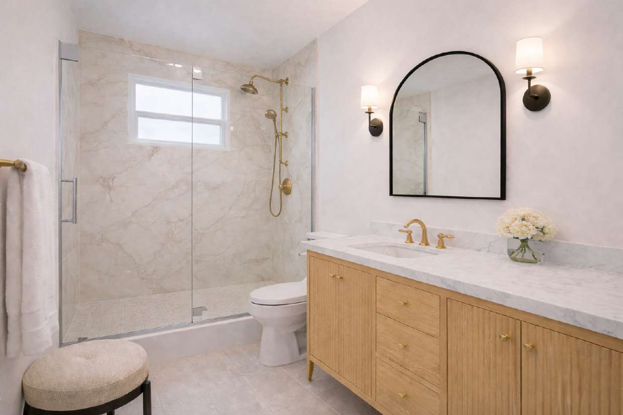 The same bathroom after renovation — marble shower, brass fixtures, arched mirror, and oak vanity
