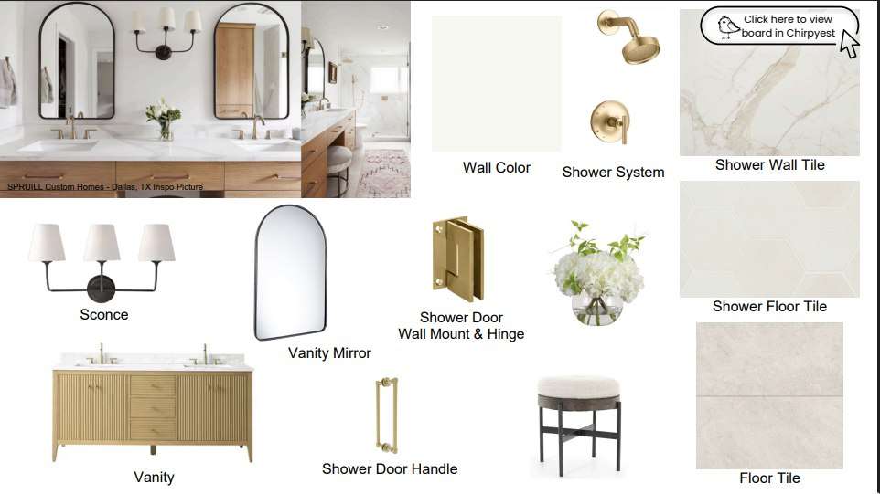 The Reality Renovations design board specifying every material, fixture, and finish — sconce, vanity, mirror, shower system, wall colour, tile selections